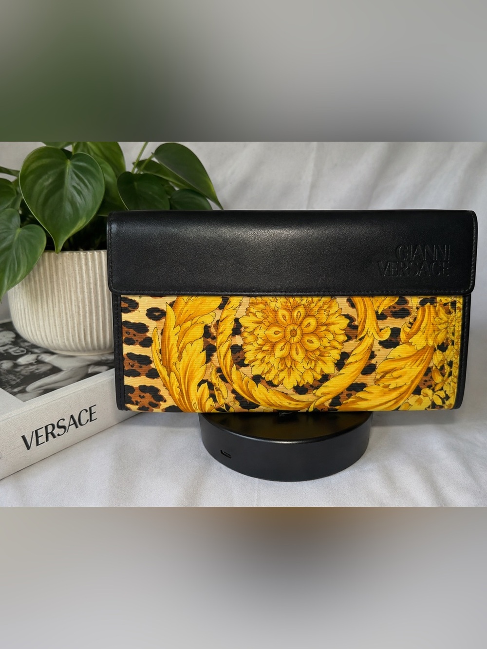 Vintage Gianni Versace Baroque Leopard Print Leather Long Wallet Made in Italy